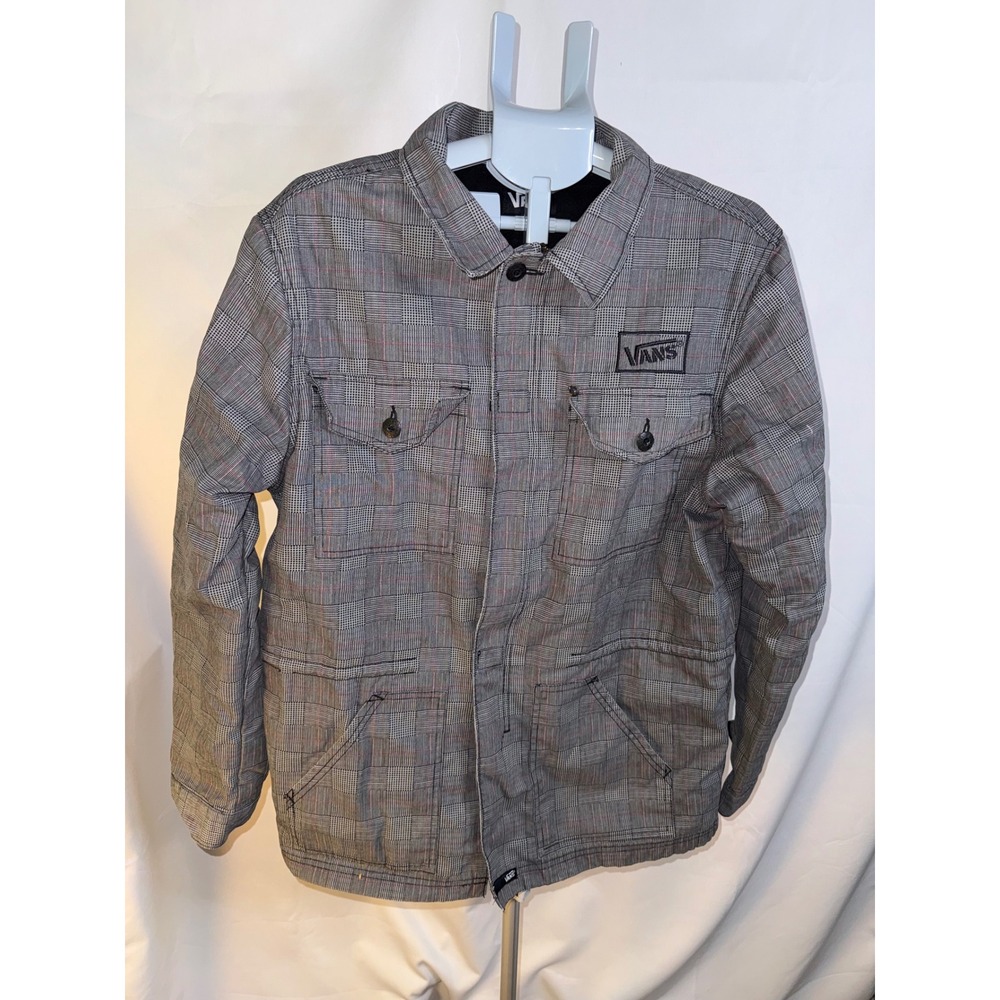 Vans Mens Glen Plaid Chore Jacket Grey Red Zip Up Utility Work Coat Large